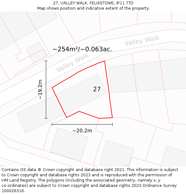 27, VALLEY WALK, FELIXSTOWE, IP11 7TD: Plot and title map