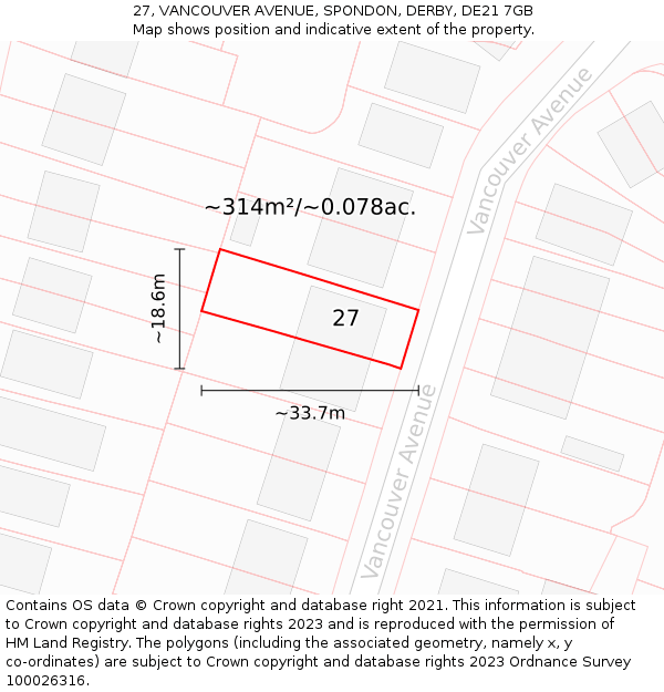 27, VANCOUVER AVENUE, SPONDON, DERBY, DE21 7GB: Plot and title map