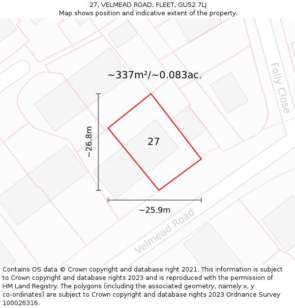 27, VELMEAD ROAD, FLEET, GU52 7LJ: Plot and title map