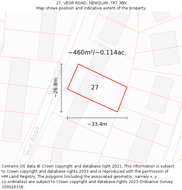 27, VEOR ROAD, NEWQUAY, TR7 3BX: Plot and title map