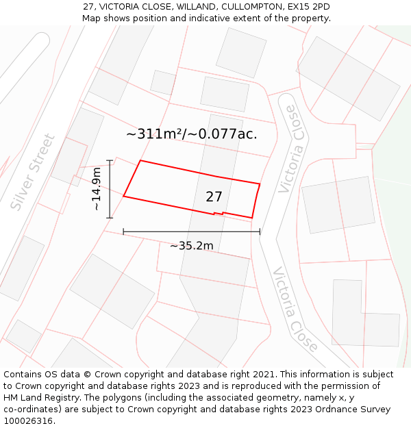 27, VICTORIA CLOSE, WILLAND, CULLOMPTON, EX15 2PD: Plot and title map