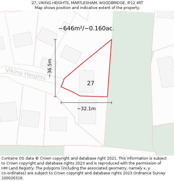 27, VIKING HEIGHTS, MARTLESHAM, WOODBRIDGE, IP12 4RT: Plot and title map