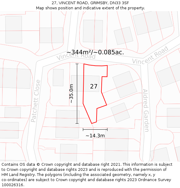 27, VINCENT ROAD, GRIMSBY, DN33 3SF: Plot and title map