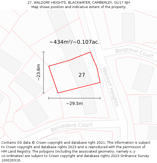 27, WALDORF HEIGHTS, BLACKWATER, CAMBERLEY, GU17 9JH: Plot and title map