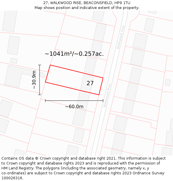 27, WALKWOOD RISE, BEACONSFIELD, HP9 1TU: Plot and title map