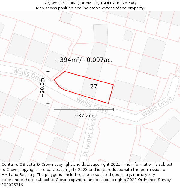 27, WALLIS DRIVE, BRAMLEY, TADLEY, RG26 5XQ: Plot and title map