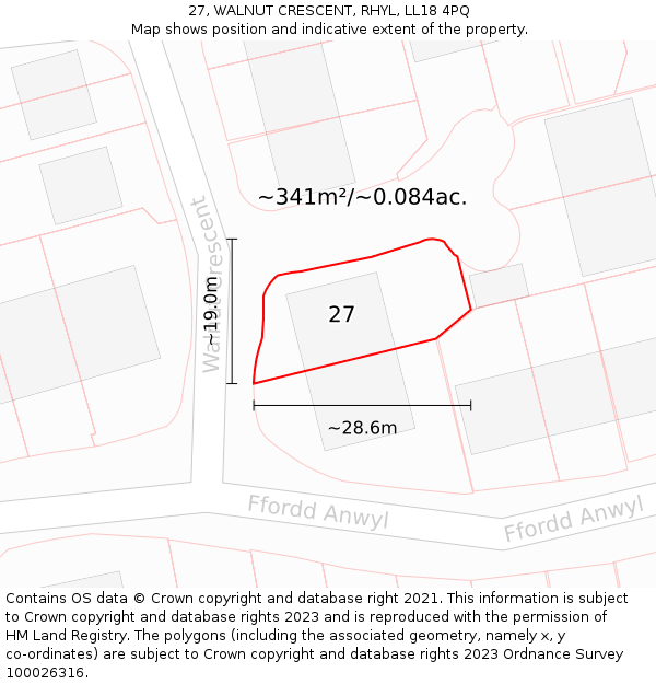 27, WALNUT CRESCENT, RHYL, LL18 4PQ: Plot and title map