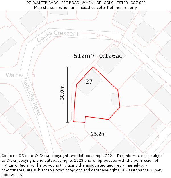 27, WALTER RADCLIFFE ROAD, WIVENHOE, COLCHESTER, CO7 9FF: Plot and title map