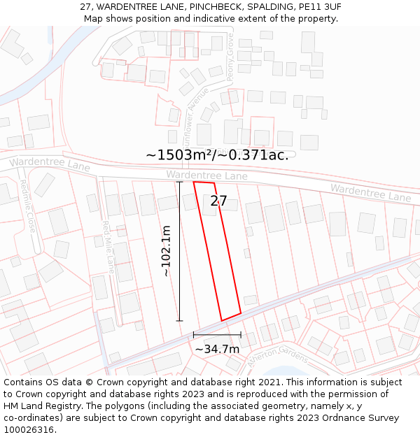 27, WARDENTREE LANE, PINCHBECK, SPALDING, PE11 3UF: Plot and title map