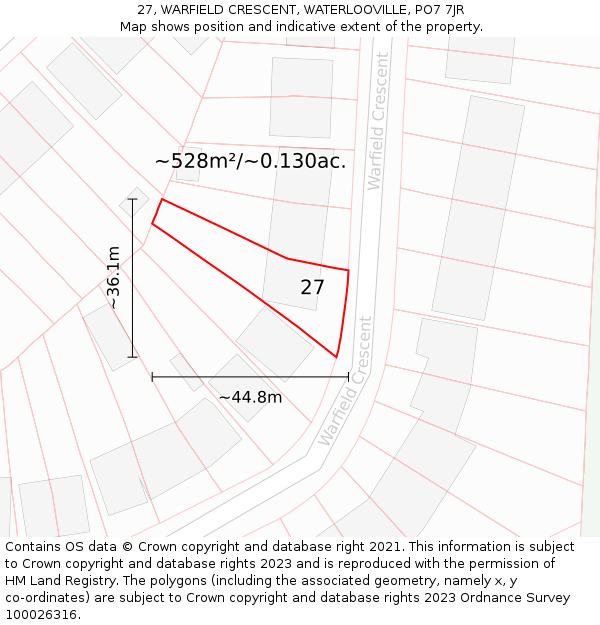 27, WARFIELD CRESCENT, WATERLOOVILLE, PO7 7JR: Plot and title map