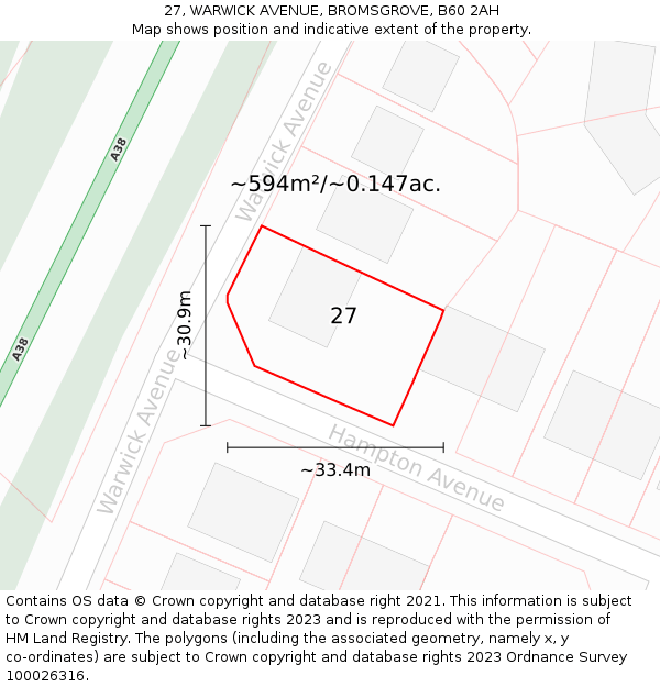 27, WARWICK AVENUE, BROMSGROVE, B60 2AH: Plot and title map