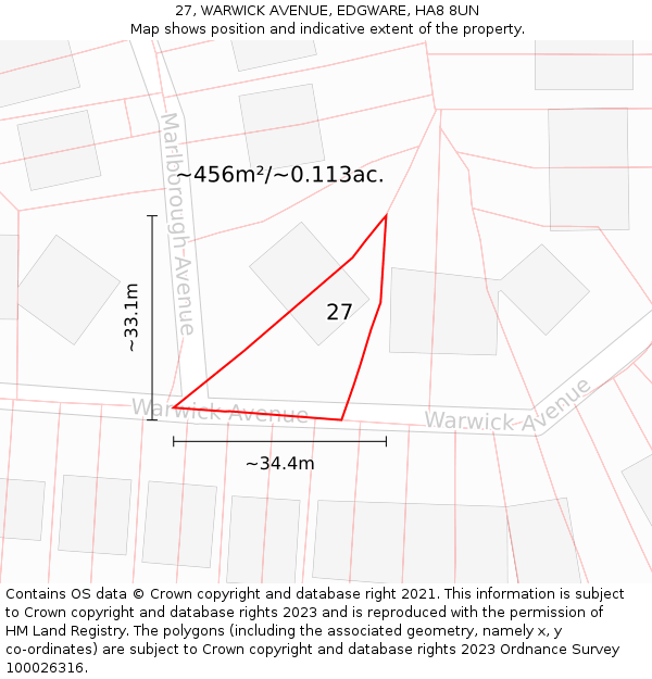 27, WARWICK AVENUE, EDGWARE, HA8 8UN: Plot and title map