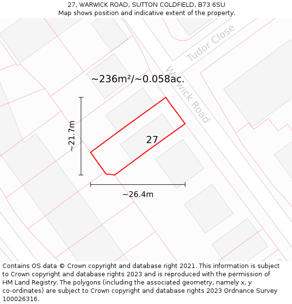 27, WARWICK ROAD, SUTTON COLDFIELD, B73 6SU: Plot and title map