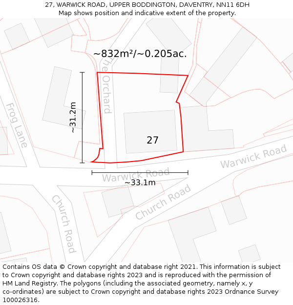 27, WARWICK ROAD, UPPER BODDINGTON, DAVENTRY, NN11 6DH: Plot and title map