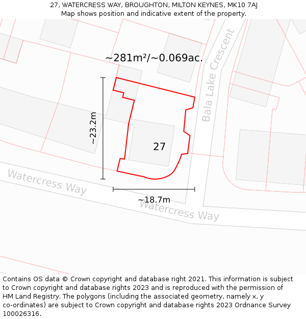 27, WATERCRESS WAY, BROUGHTON, MILTON KEYNES, MK10 7AJ: Plot and title map