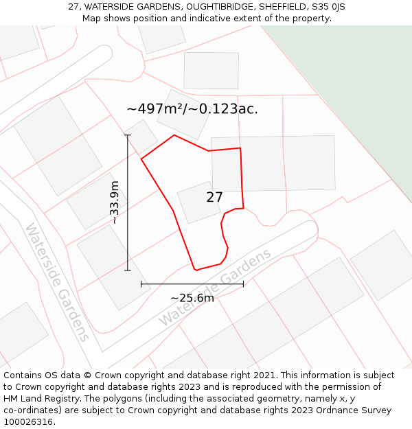 27, WATERSIDE GARDENS, OUGHTIBRIDGE, SHEFFIELD, S35 0JS: Plot and title map