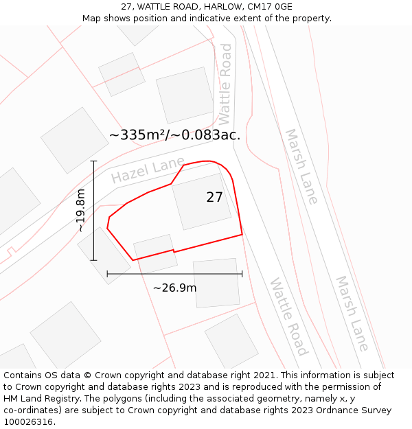 27, WATTLE ROAD, HARLOW, CM17 0GE: Plot and title map