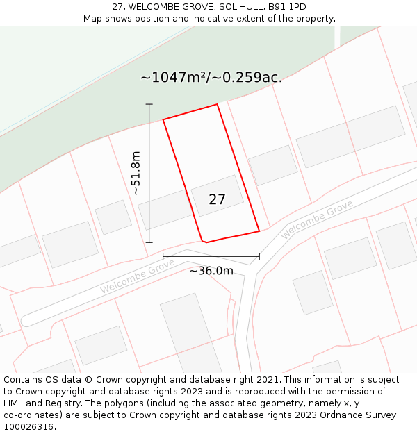 27, WELCOMBE GROVE, SOLIHULL, B91 1PD: Plot and title map
