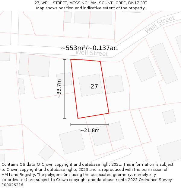 27, WELL STREET, MESSINGHAM, SCUNTHORPE, DN17 3RT: Plot and title map