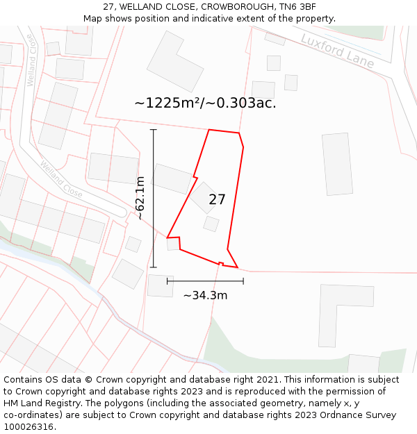 27, WELLAND CLOSE, CROWBOROUGH, TN6 3BF: Plot and title map