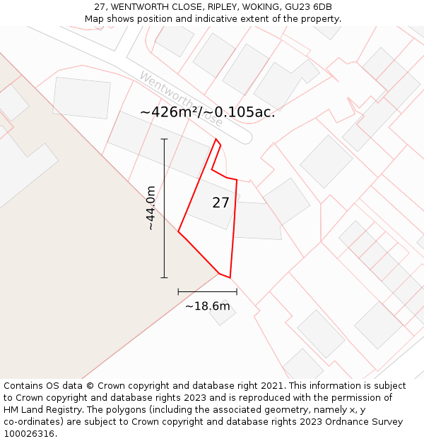 27, WENTWORTH CLOSE, RIPLEY, WOKING, GU23 6DB: Plot and title map