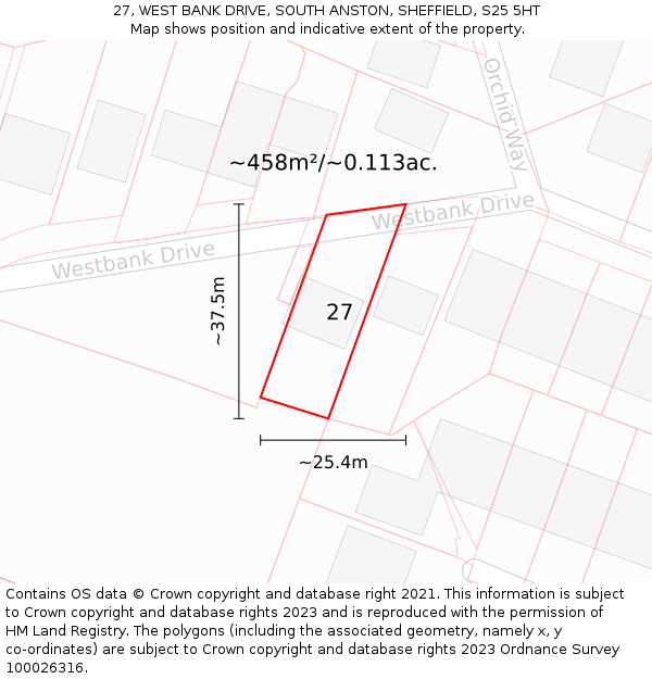 27, WEST BANK DRIVE, SOUTH ANSTON, SHEFFIELD, S25 5HT: Plot and title map