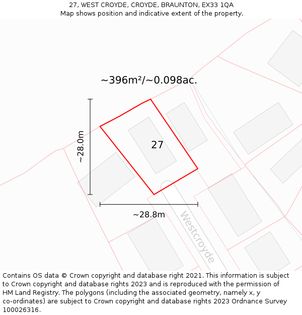 27, WEST CROYDE, CROYDE, BRAUNTON, EX33 1QA: Plot and title map