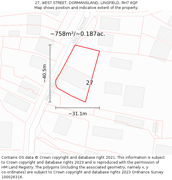 27, WEST STREET, DORMANSLAND, LINGFIELD, RH7 6QP: Plot and title map