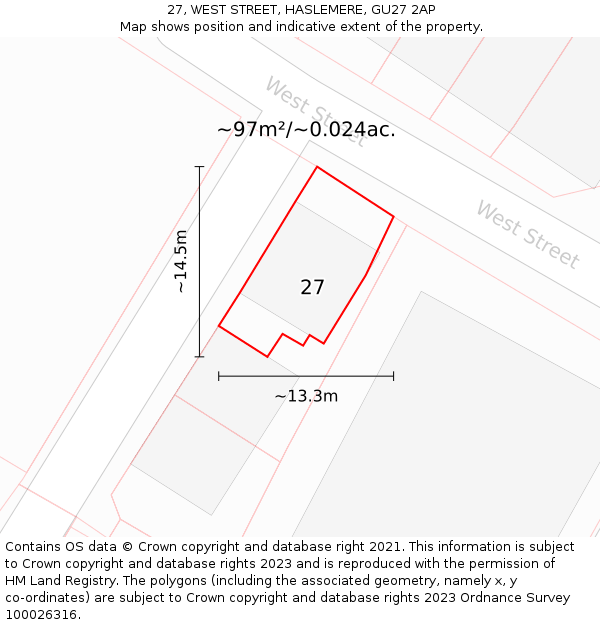27, WEST STREET, HASLEMERE, GU27 2AP: Plot and title map