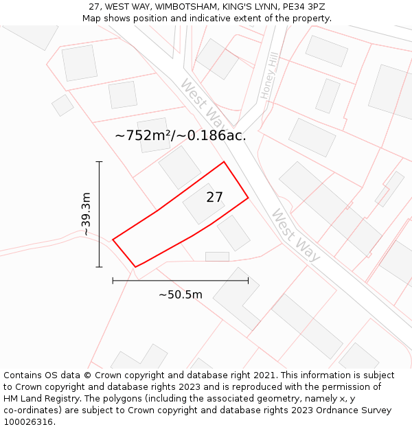 27, WEST WAY, WIMBOTSHAM, KING'S LYNN, PE34 3PZ: Plot and title map