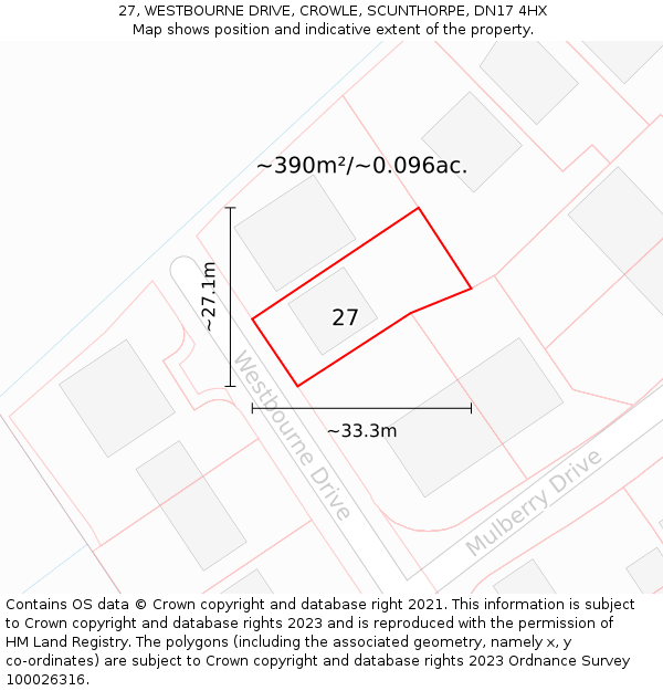 27, WESTBOURNE DRIVE, CROWLE, SCUNTHORPE, DN17 4HX: Plot and title map