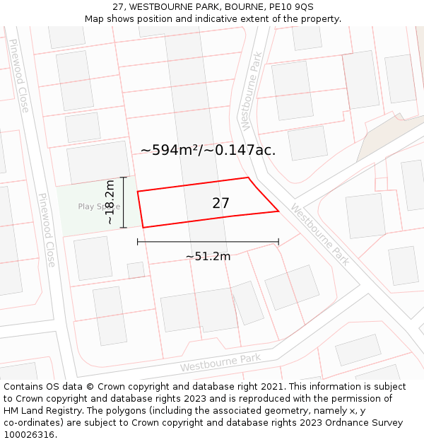 27, WESTBOURNE PARK, BOURNE, PE10 9QS: Plot and title map