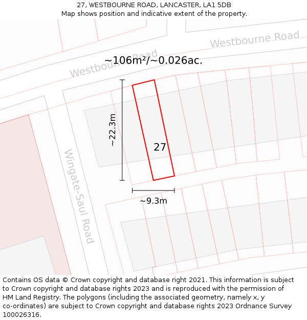 27, WESTBOURNE ROAD, LANCASTER, LA1 5DB: Plot and title map