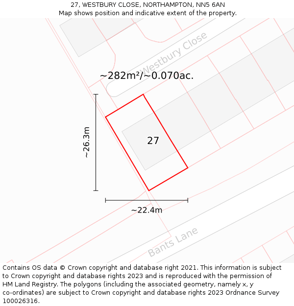 27, WESTBURY CLOSE, NORTHAMPTON, NN5 6AN: Plot and title map