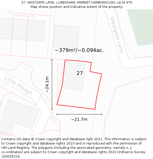 27, WESTGATE LANE, LUBENHAM, MARKET HARBOROUGH, LE16 9TS: Plot and title map