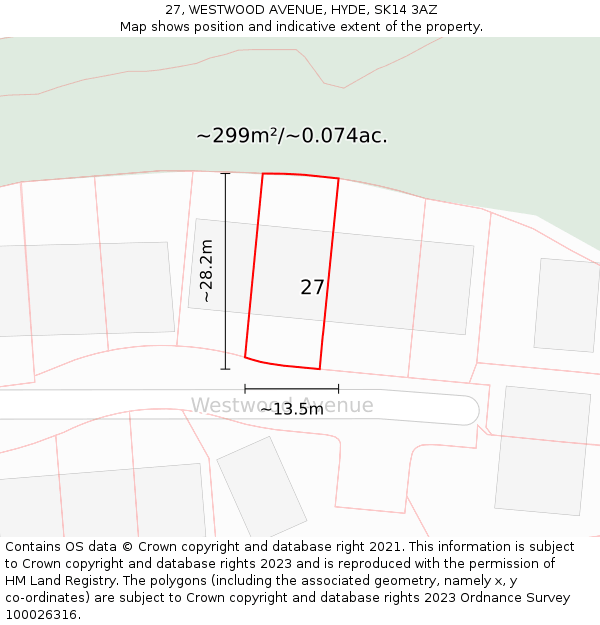 27, WESTWOOD AVENUE, HYDE, SK14 3AZ: Plot and title map