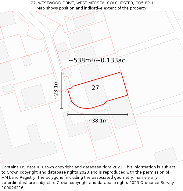 27, WESTWOOD DRIVE, WEST MERSEA, COLCHESTER, CO5 8PH: Plot and title map