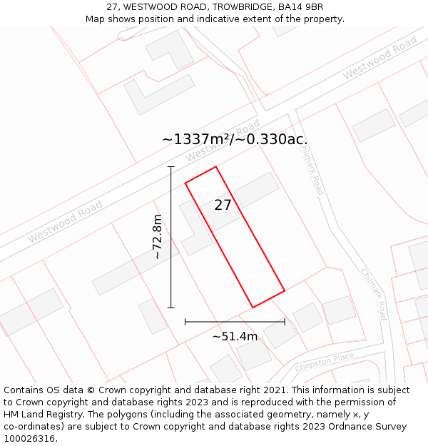 27, WESTWOOD ROAD, TROWBRIDGE, BA14 9BR: Plot and title map