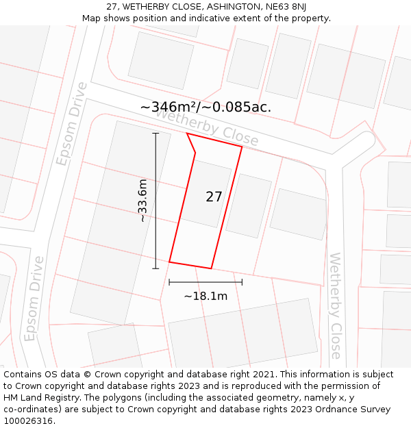 27, WETHERBY CLOSE, ASHINGTON, NE63 8NJ: Plot and title map