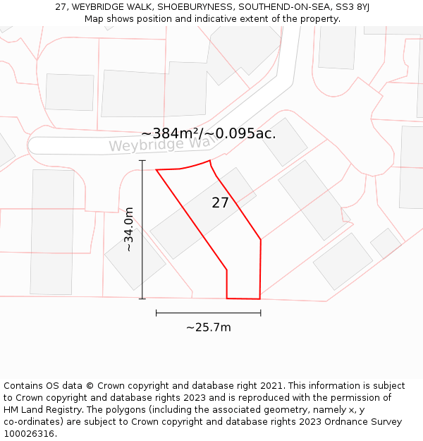 27, WEYBRIDGE WALK, SHOEBURYNESS, SOUTHEND-ON-SEA, SS3 8YJ: Plot and title map