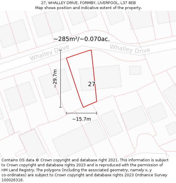 27, WHALLEY DRIVE, FORMBY, LIVERPOOL, L37 8EB: Plot and title map