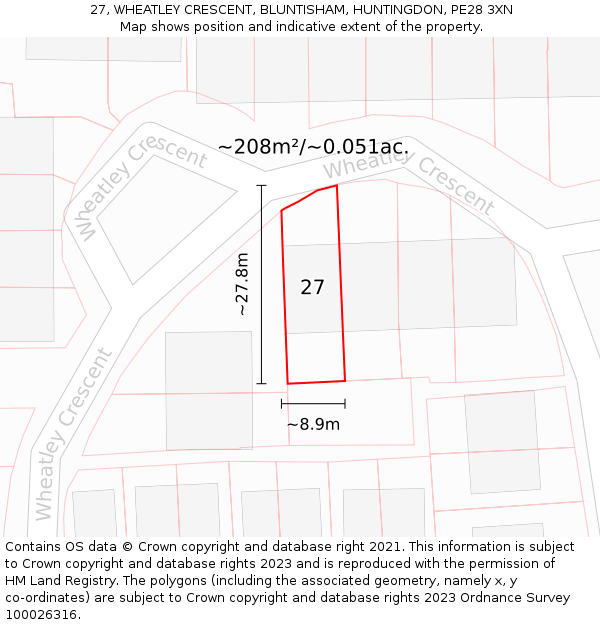 27, WHEATLEY CRESCENT, BLUNTISHAM, HUNTINGDON, PE28 3XN: Plot and title map