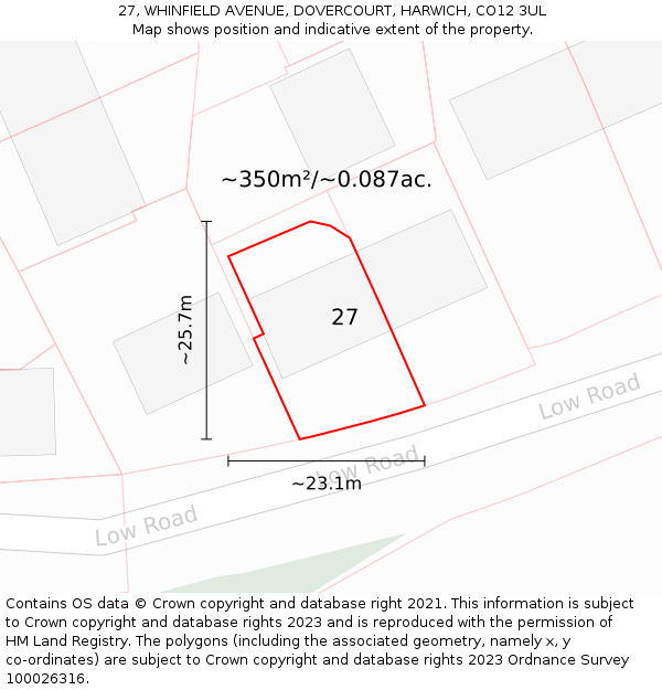 27, WHINFIELD AVENUE, DOVERCOURT, HARWICH, CO12 3UL: Plot and title map