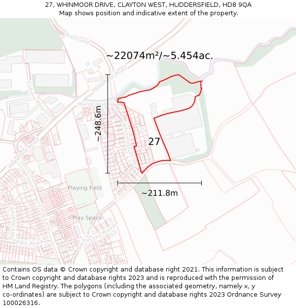 27, WHINMOOR DRIVE, CLAYTON WEST, HUDDERSFIELD, HD8 9QA: Plot and title map