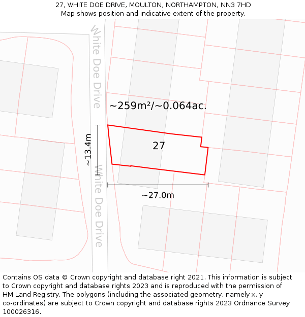 27, WHITE DOE DRIVE, MOULTON, NORTHAMPTON, NN3 7HD: Plot and title map