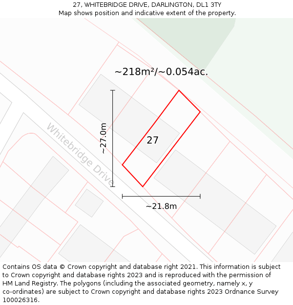 27, WHITEBRIDGE DRIVE, DARLINGTON, DL1 3TY: Plot and title map