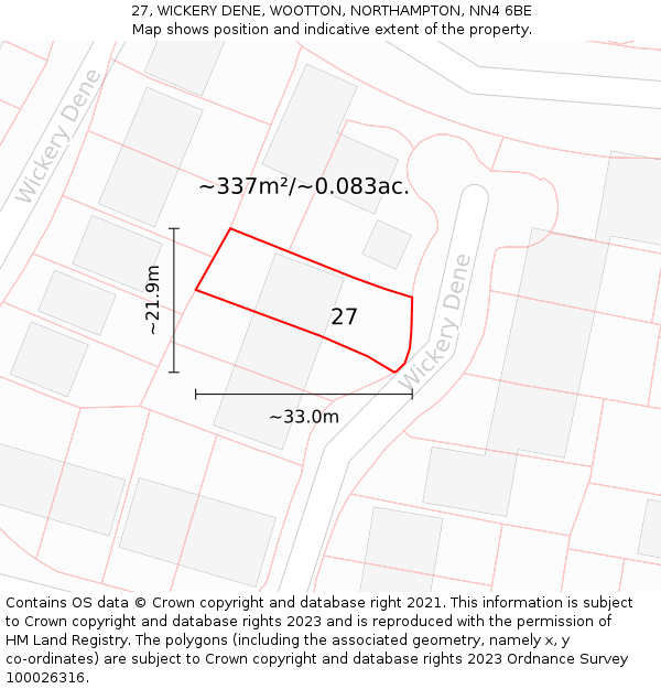 27, WICKERY DENE, WOOTTON, NORTHAMPTON, NN4 6BE: Plot and title map