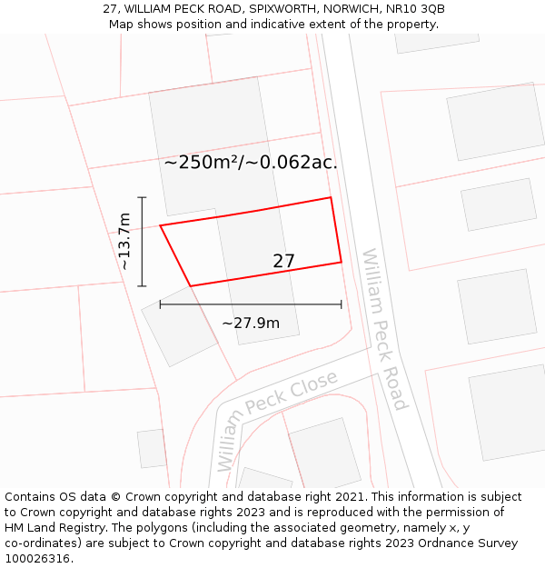 27, WILLIAM PECK ROAD, SPIXWORTH, NORWICH, NR10 3QB: Plot and title map