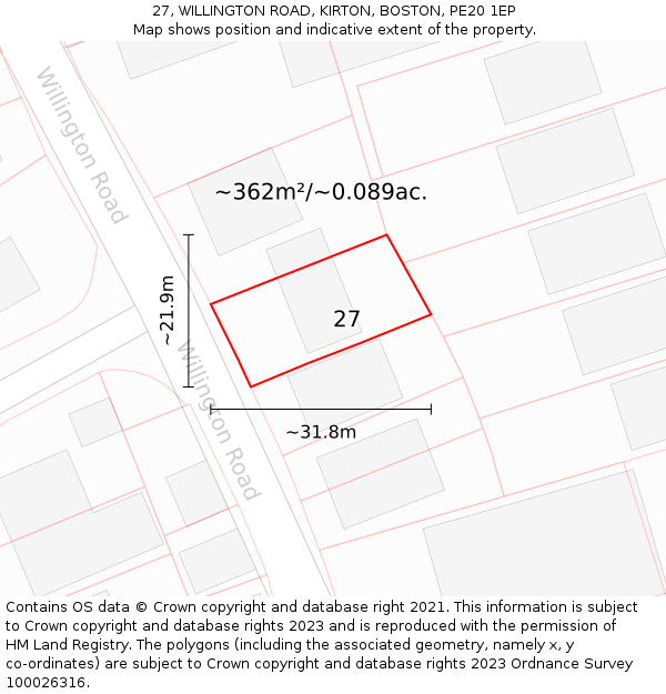 27, WILLINGTON ROAD, KIRTON, BOSTON, PE20 1EP: Plot and title map