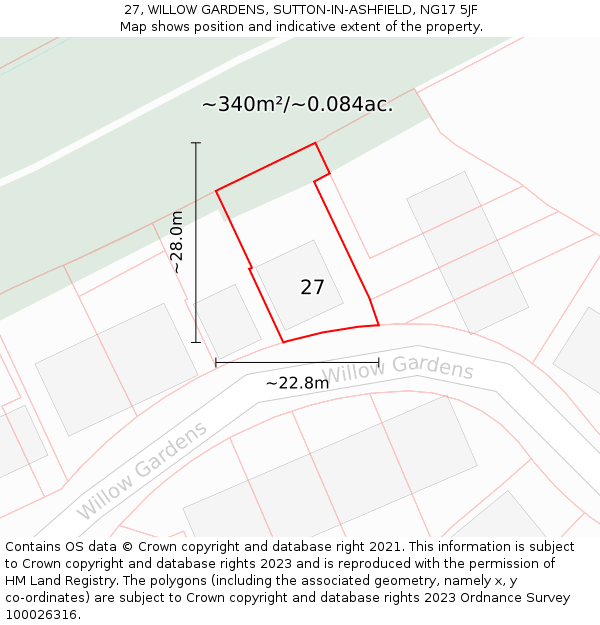 27, WILLOW GARDENS, SUTTON-IN-ASHFIELD, NG17 5JF: Plot and title map